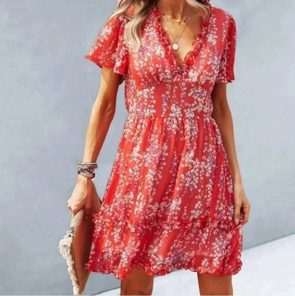 private label Dresses & Skirts - Red Cottagecore Boho Floral Print Frill Trim Dress